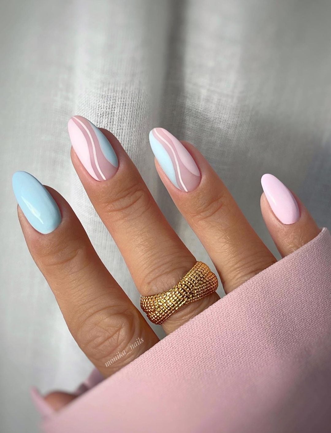 Mixed Finish Oval Nails Pastel Pink Blue Beige — Classy Gender Reveal Nails