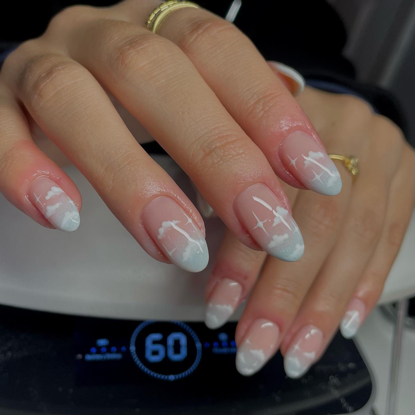 Medium Oval French Tips with Blue White Clouds — Classy Gender Reveal Nails