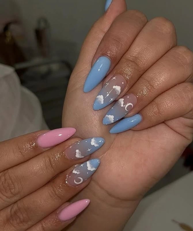 Medium Stiletto Nails with Celestial Motifs — Classy Gender Reveal Nails