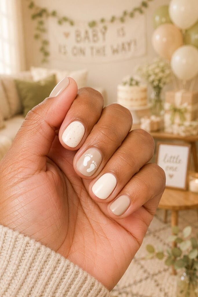Short Square Nails with Baby Feet Accent — Classy Gender Reveal Nails