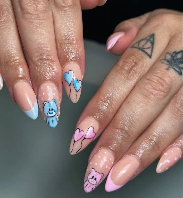 Medium Almond Nails with Teddy Bears and Polka Dots — Classy Gender Reveal Nails