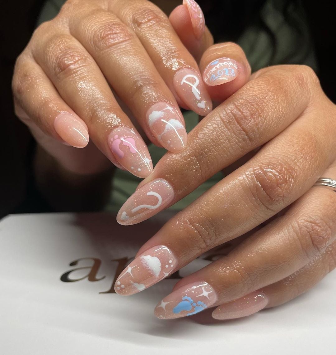 Medium Sharp Almond Nails with Pink Blue Stripes — Classy Gender Reveal Nails