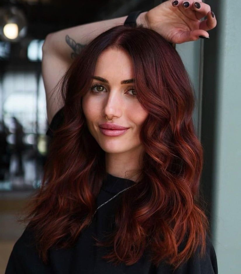 Glossy Dark Auburn Collarbone Blowout — Classy Ginger Hair Color