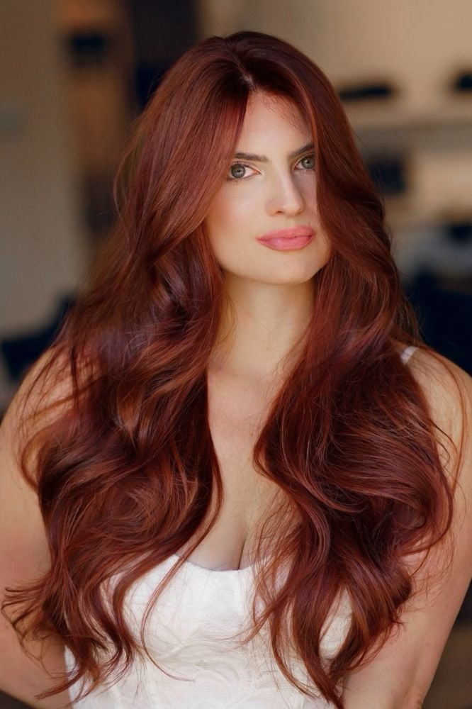 Glossy Deep Auburn Mid-Back Loose Waves — Classy Ginger Hair Color
