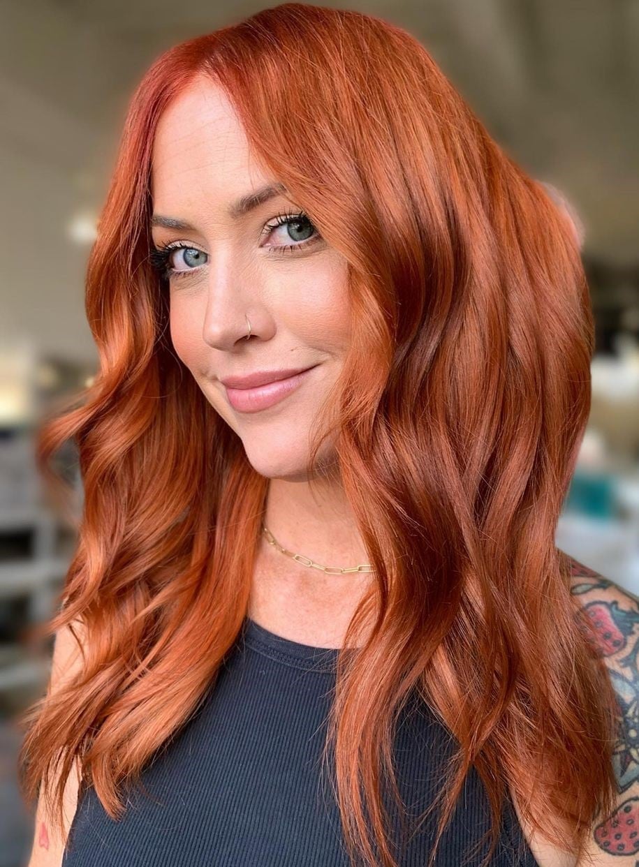 Warm Ginger Balayage Collarbone Lob With Curtain Bangs — Classy Ginger Hair Color