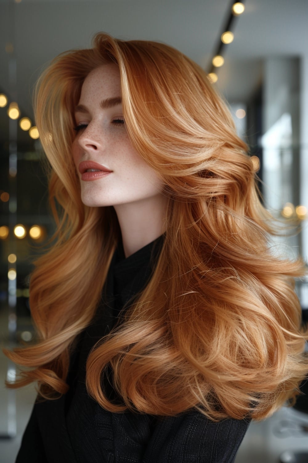 Shimmering Strawberry Blonde Collarbone Waves Golden Undertones — Classy Ginger Hair Color