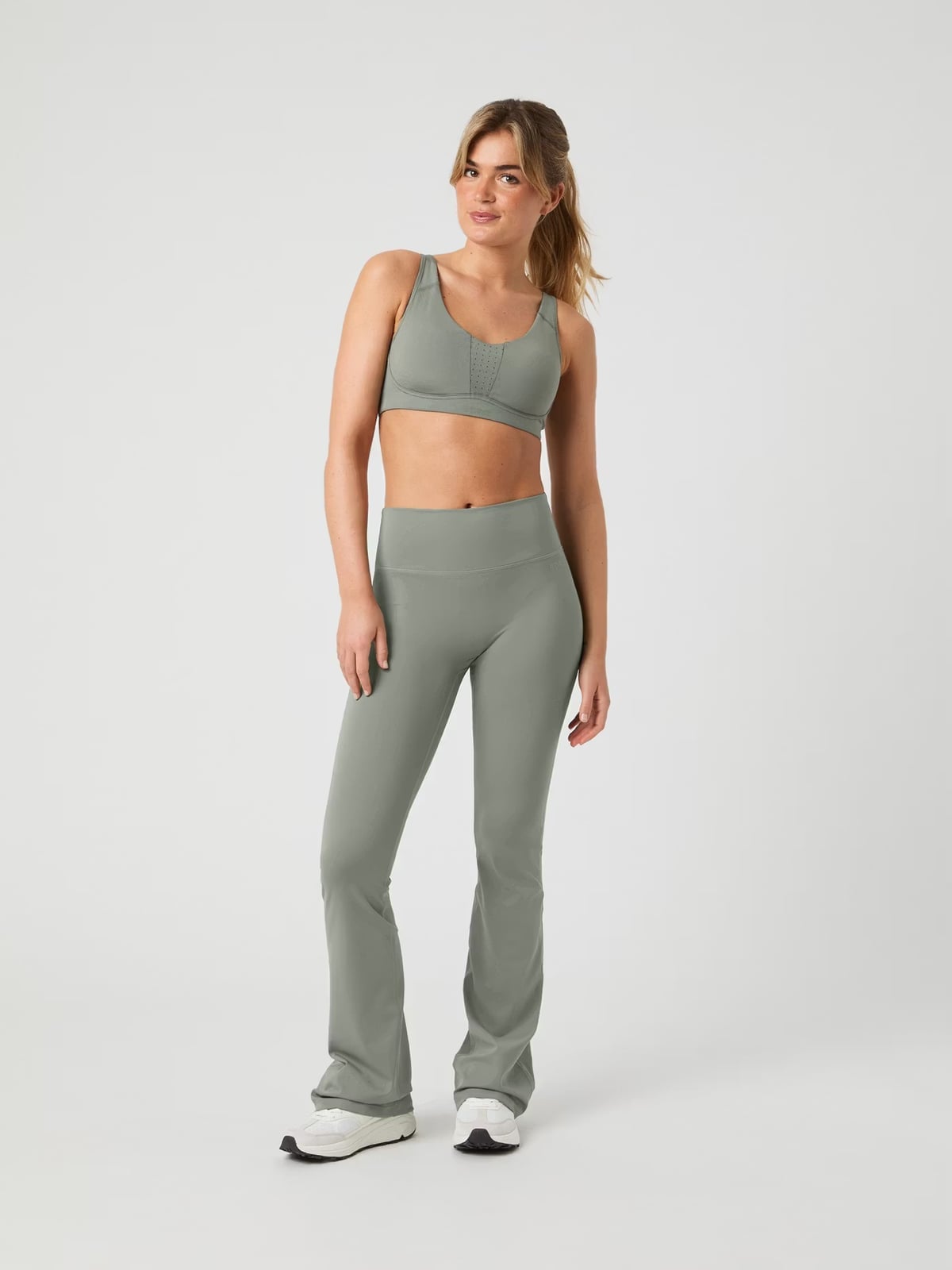 Sage Green Flared Leggings with Matching Sports Bra Sage Green Flared Leggings with Matching Sports Bra — Classy Green Leggings Outfit