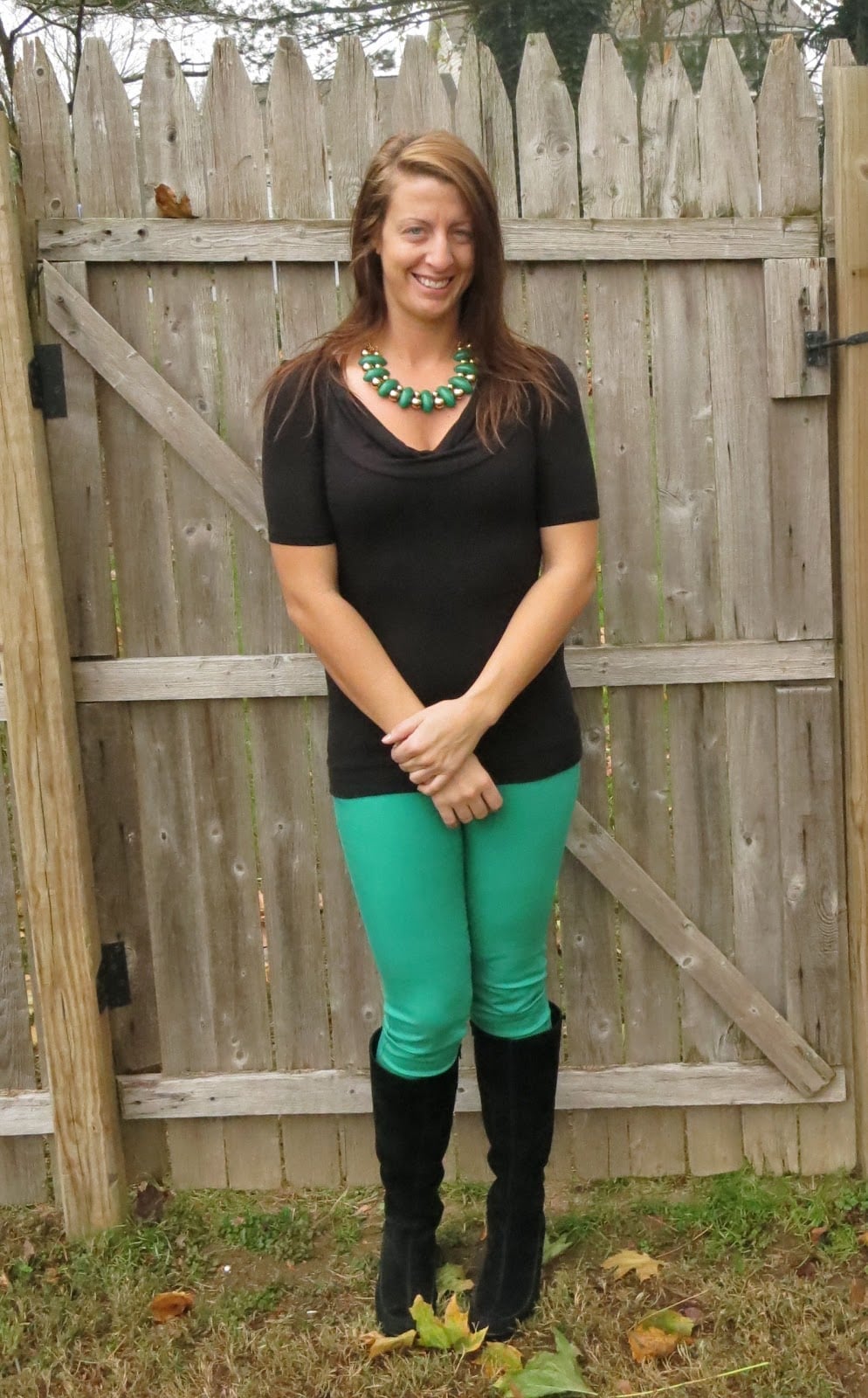 Bright Green Leggings with Black Top and Boots Bright Green Leggings with Black Top and Boots — Classy Green Leggings Outfit