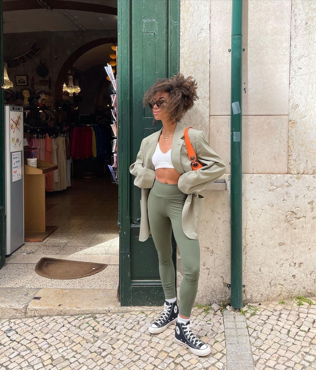 Olive Green Leggings with Oversized Blazer and White Crop Top Olive Green Leggings with Oversized Blazer and White Crop Top — Classy Green Leggings Outfit
