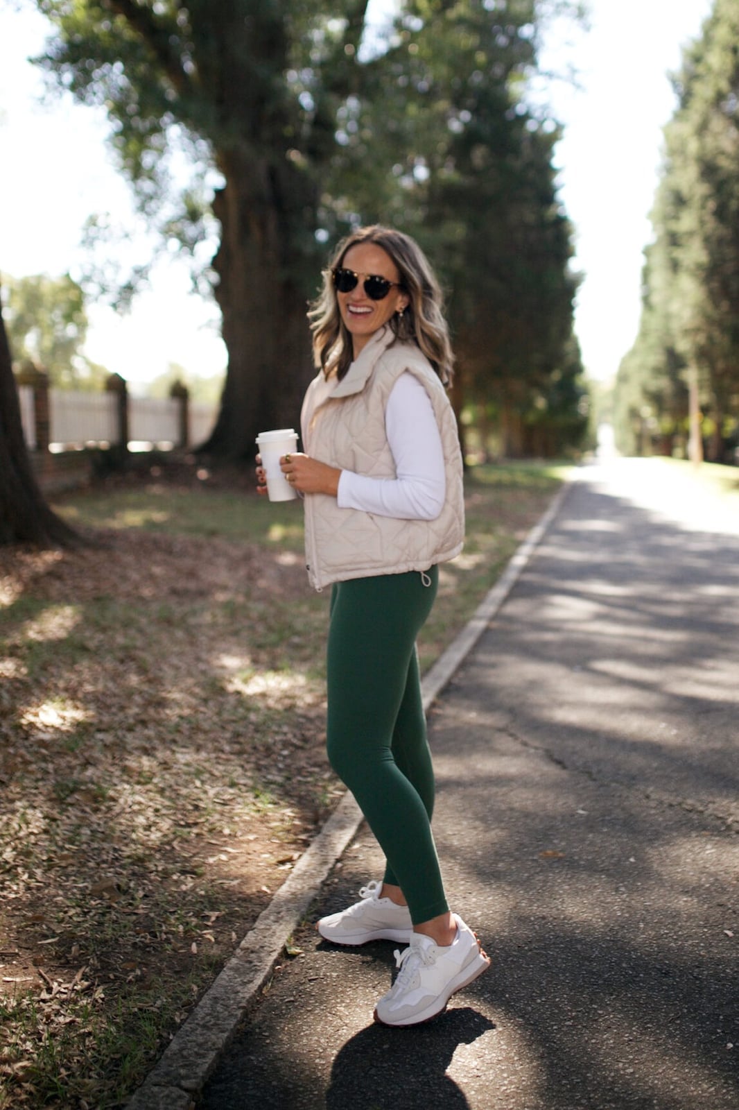 Green Leggings with Cream Quilted Vest and White Top Green Leggings with Cream Quilted Vest and White Top — Classy Green Leggings Outfit