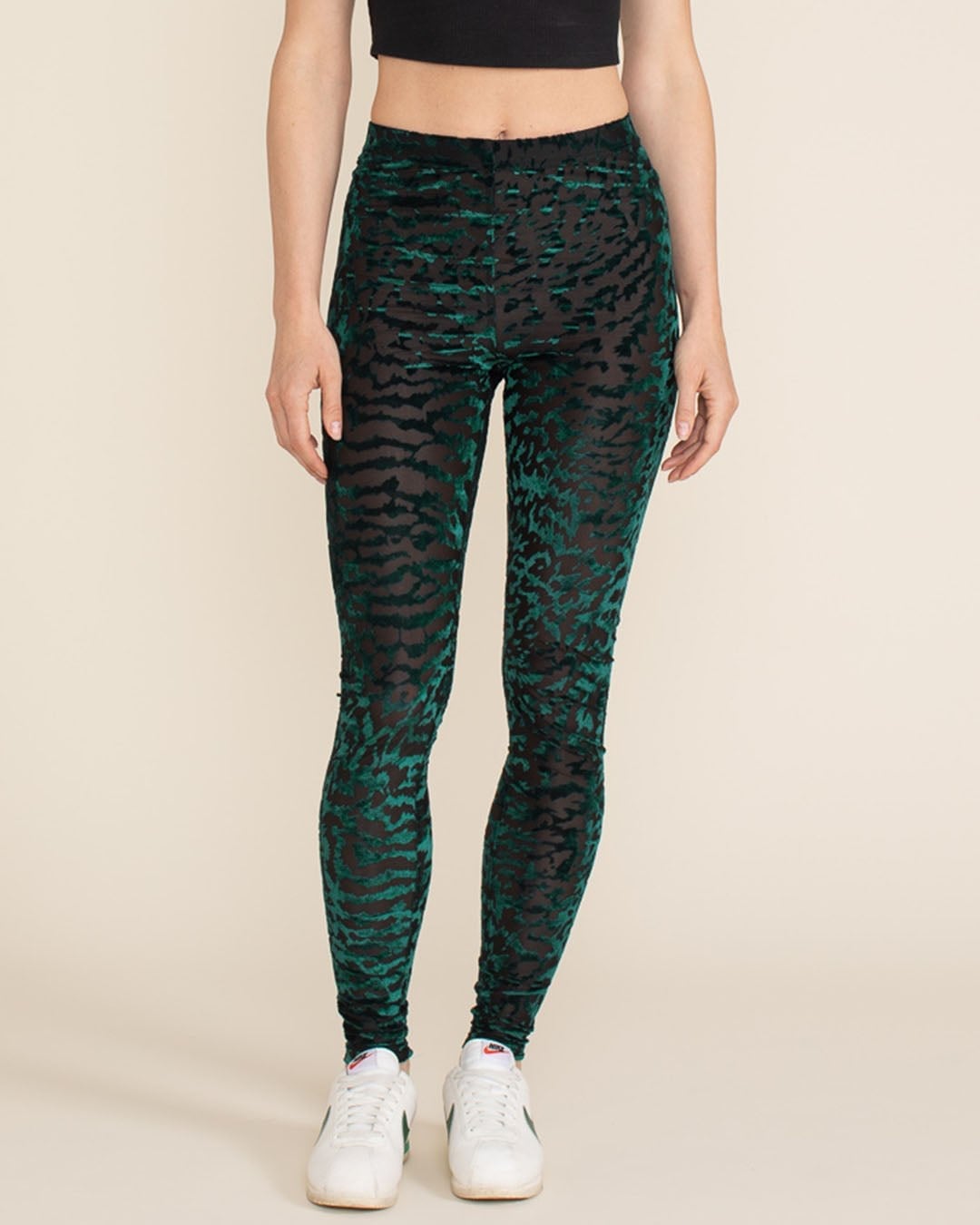 Emerald Green Burnout Leggings with Black Crop Top Emerald Green Burnout Leggings with Black Crop Top — Classy Green Leggings Outfit