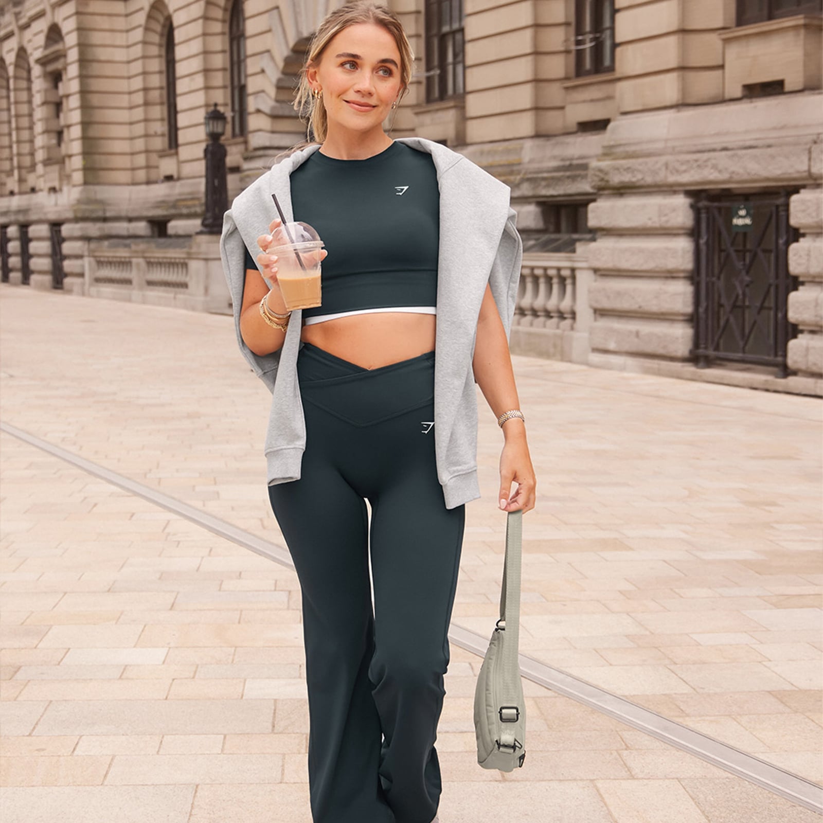 Dark Green Flared Leggings with Gray Sweatshirt Dark Green Flared Leggings with Gray Sweatshirt — Classy Green Leggings Outfit