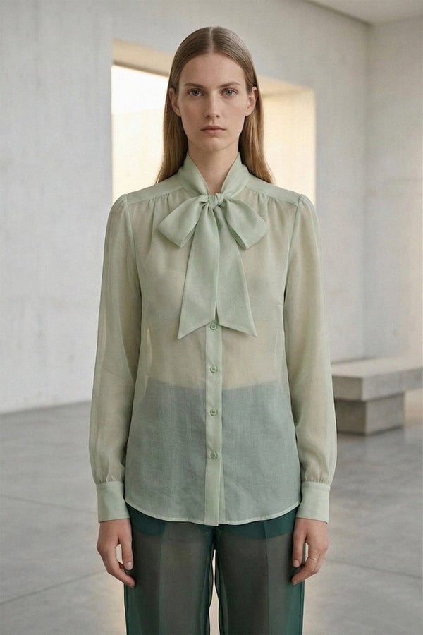 Sage green sheer organza bow neck top with dark trousers — Classy Green Top Outfits