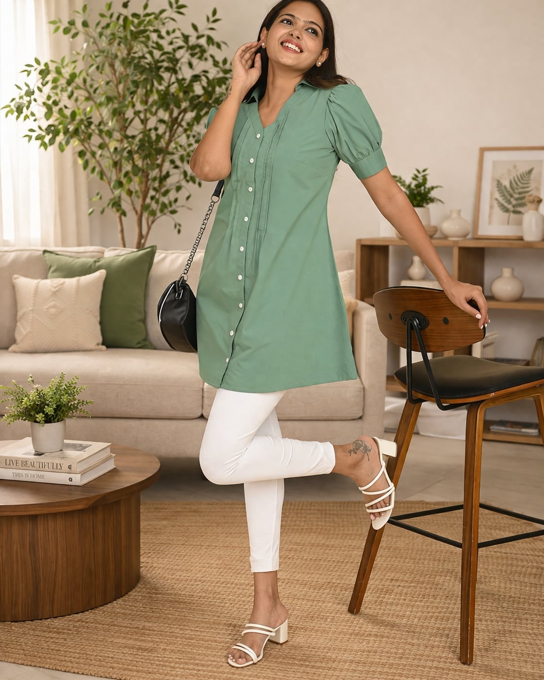 Sage green tunic top with puffed sleeves and white pants — Classy Green Top Outfits