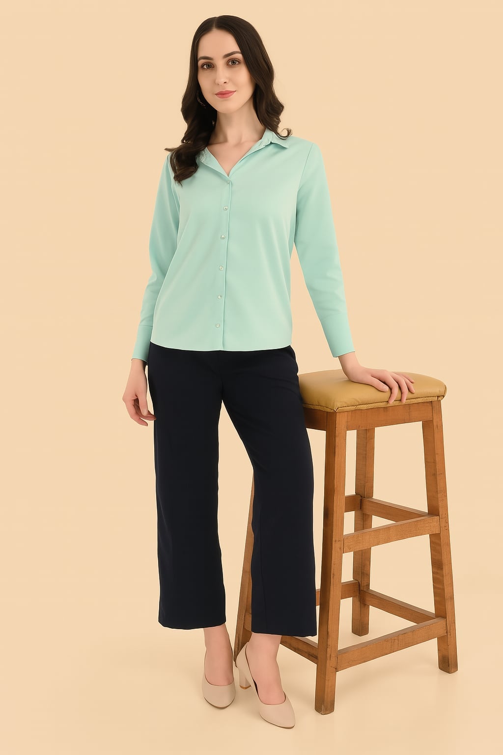 Mint green satin shirt tucked into navy cropped wide-leg trousers — Classy Green Top Outfits