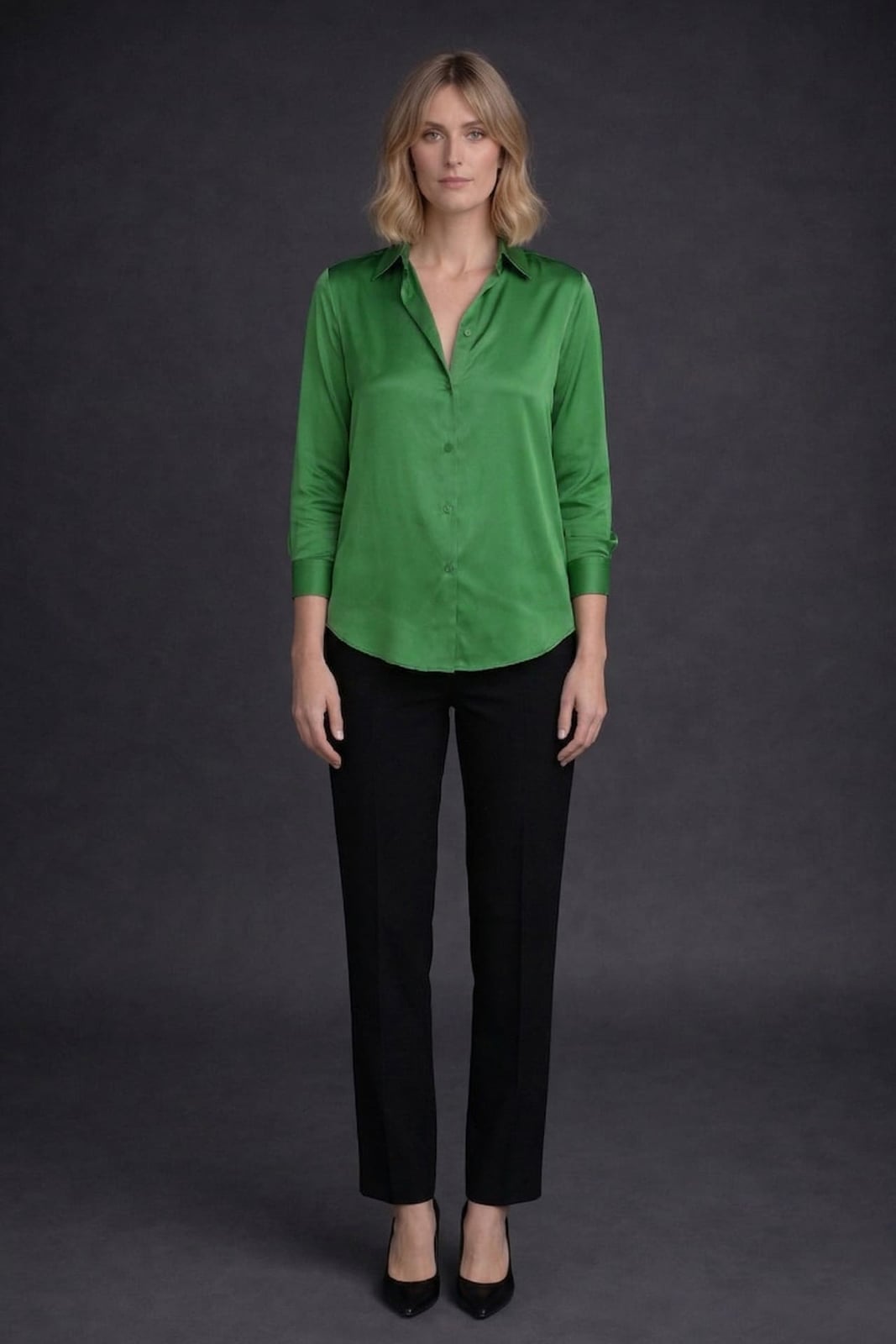 Emerald green silk satin shirt with black, Office-Safe Version — Classy Green Top Outfits