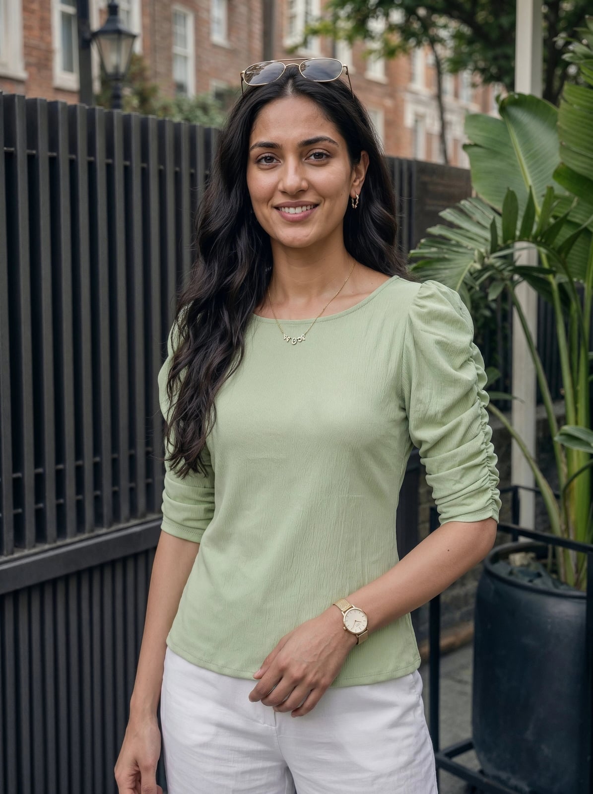 Sage green puff sleeve knit top with white bottoms — Classy Green Top Outfits