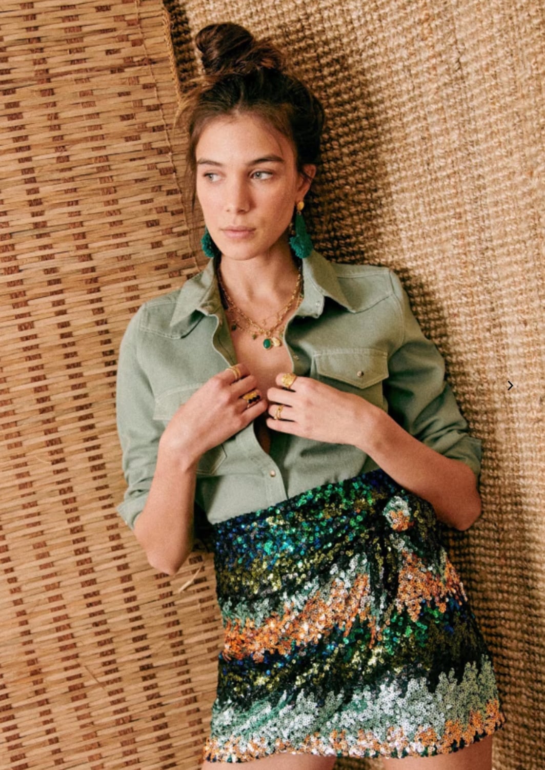 Sage green button-up shirt with sequined skirt — Classy Green Top Outfits