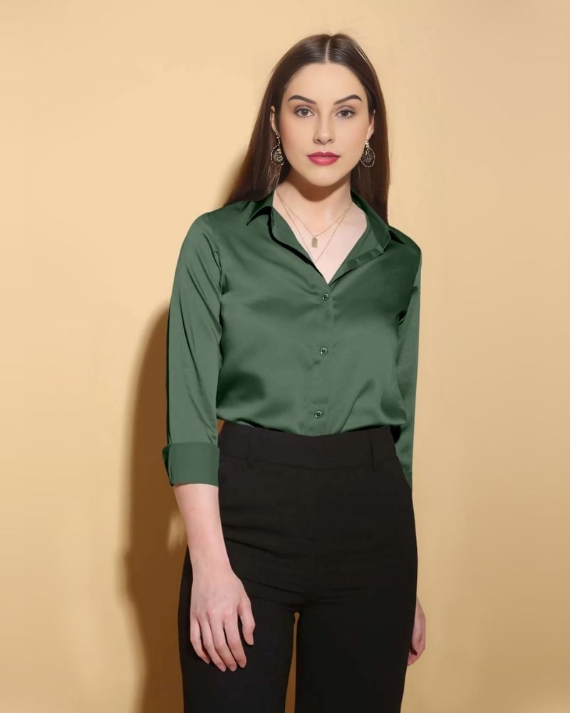 Elegant forest green satin blouse with black trousers — Classy Green Top Outfits