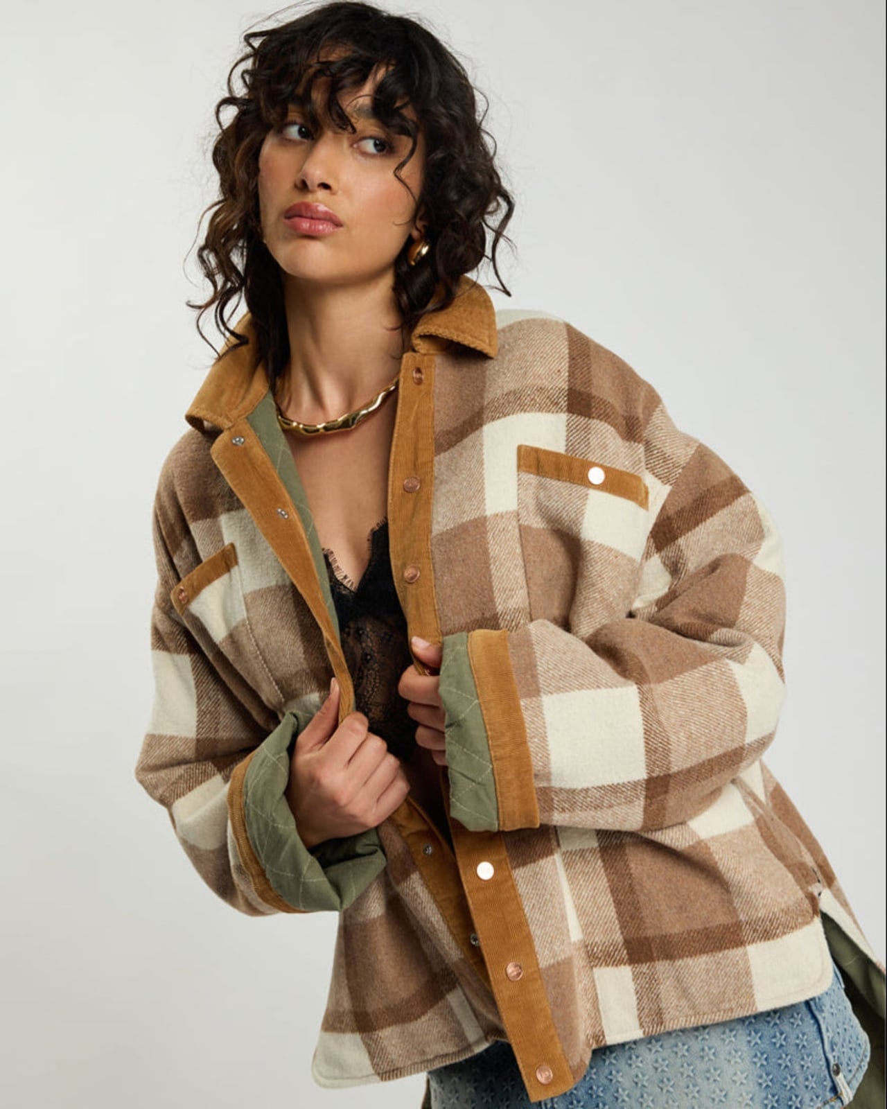 Plaid jacket with corduroy details over lace camisole Plaid jacket with corduroy details over lace camisole — Classy Grunge Outfits