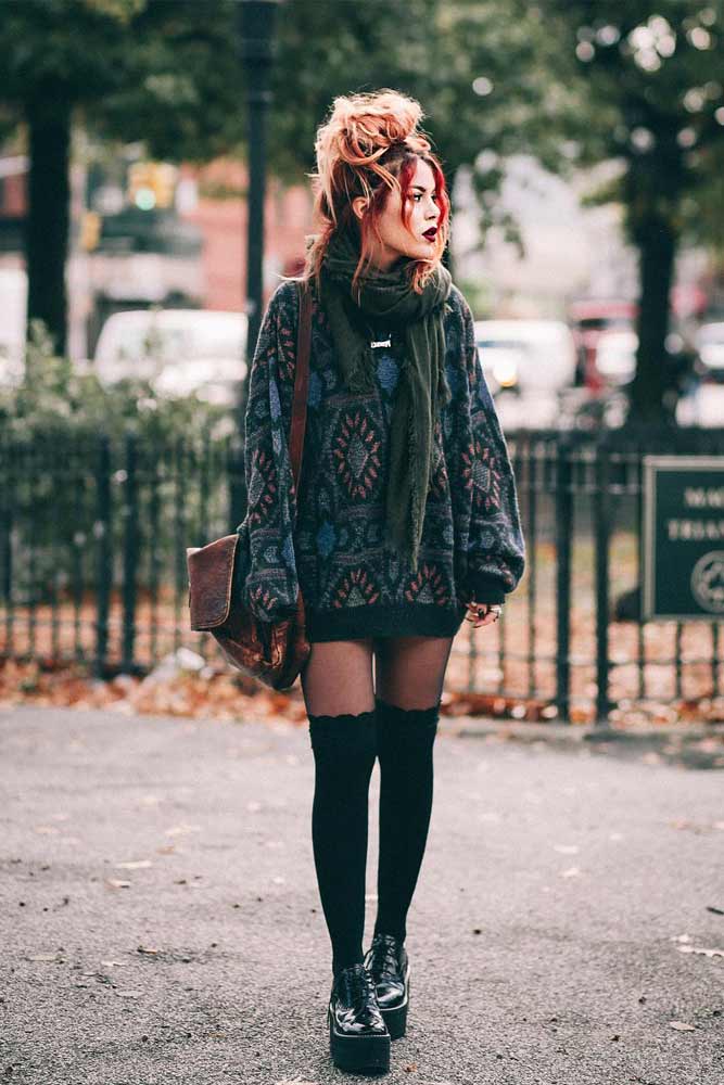 Oversized patterned knit sweater with thigh-high, Office-Safe Version Oversized patterned knit sweater with thigh-high, Office-Safe Version — Classy Grunge Outfits