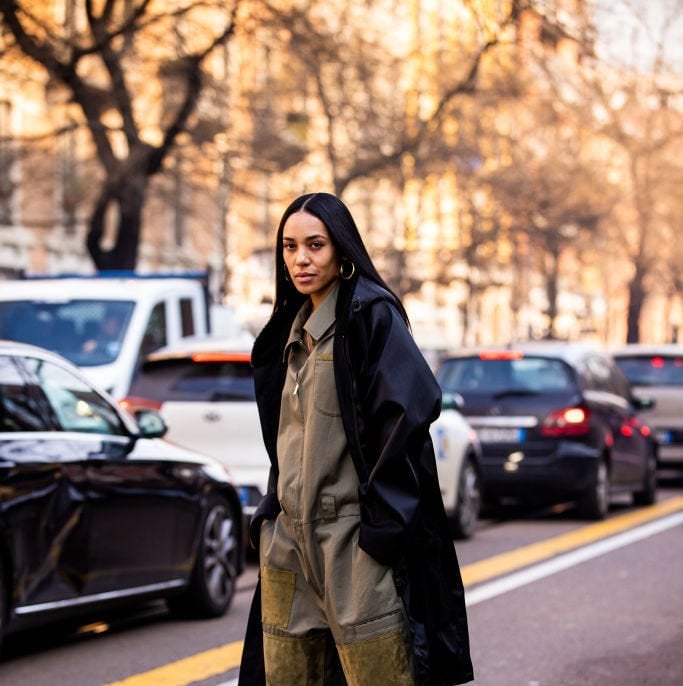 Olive green utility jumpsuit with oversized black coat Olive green utility jumpsuit with oversized black coat — Classy Grunge Outfits