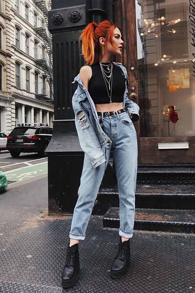 Distressed denim jacket over black crop top and relaxed jeans Distressed denim jacket over black crop top and relaxed jeans — Classy Grunge Outfits