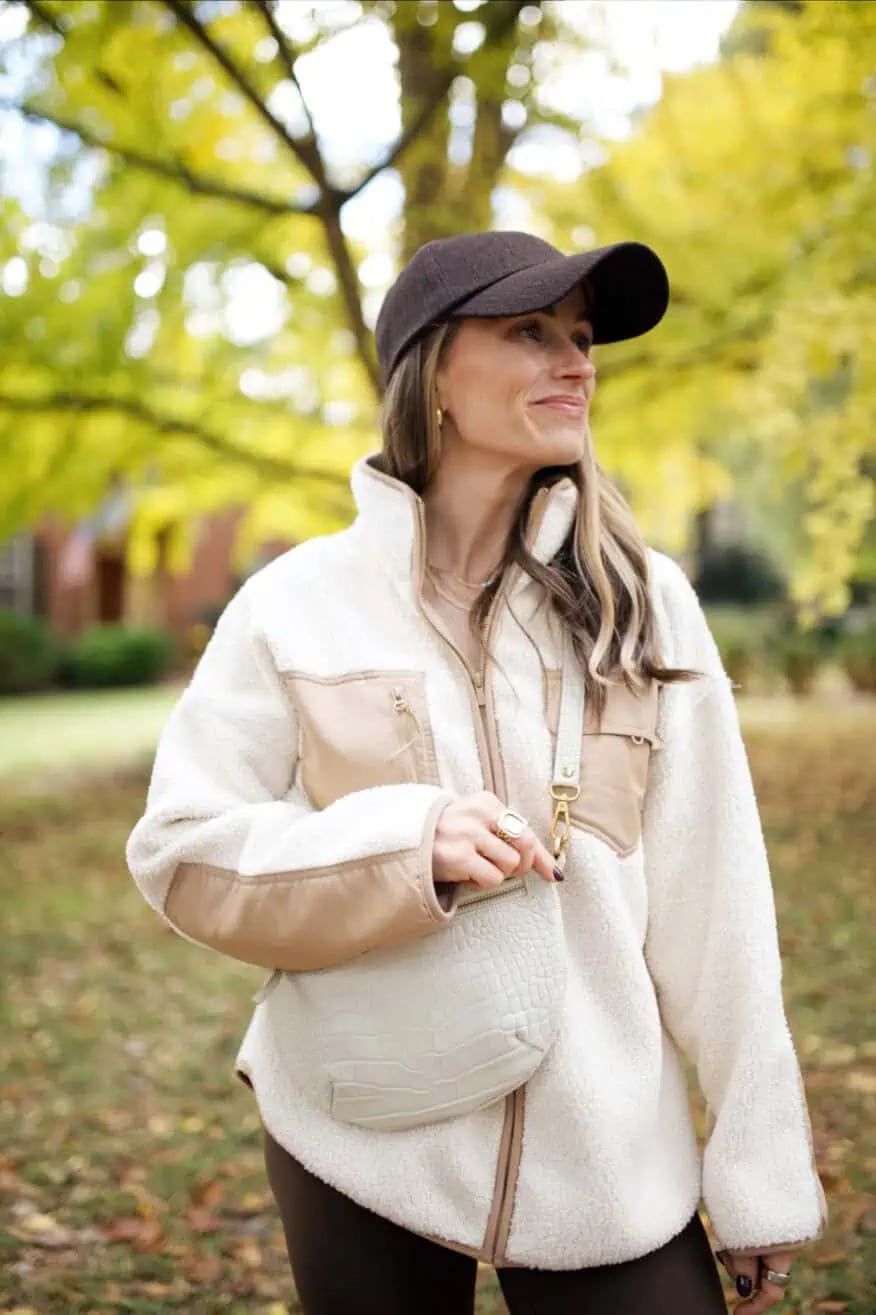 Cream fleece jacket with faux leather accents Cream fleece jacket with faux leather accents — Classy Gym Outfits
