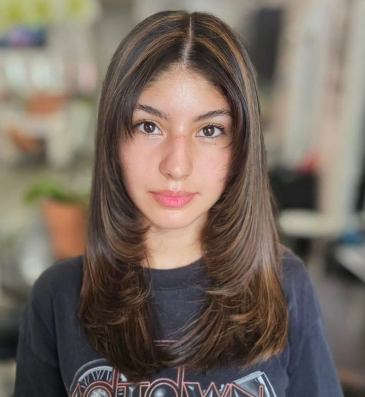 Dark Brown Mid-Back Layers With Curtain Bangs — Classy Hairstyles for Teens