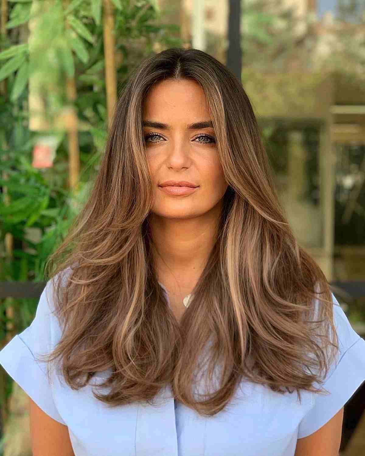 Mid-Back Long Layers With Face-Framing and Blonde Highlights, Middle Mid-Back Long Layers With Face-Framing and Blonde Highlights, Middle — Classy Hairstyles for Thick Hair
