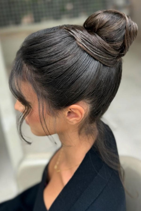 Fine Straight Dark Brown Sleek High Bun — Classy High Bun Hairstyles