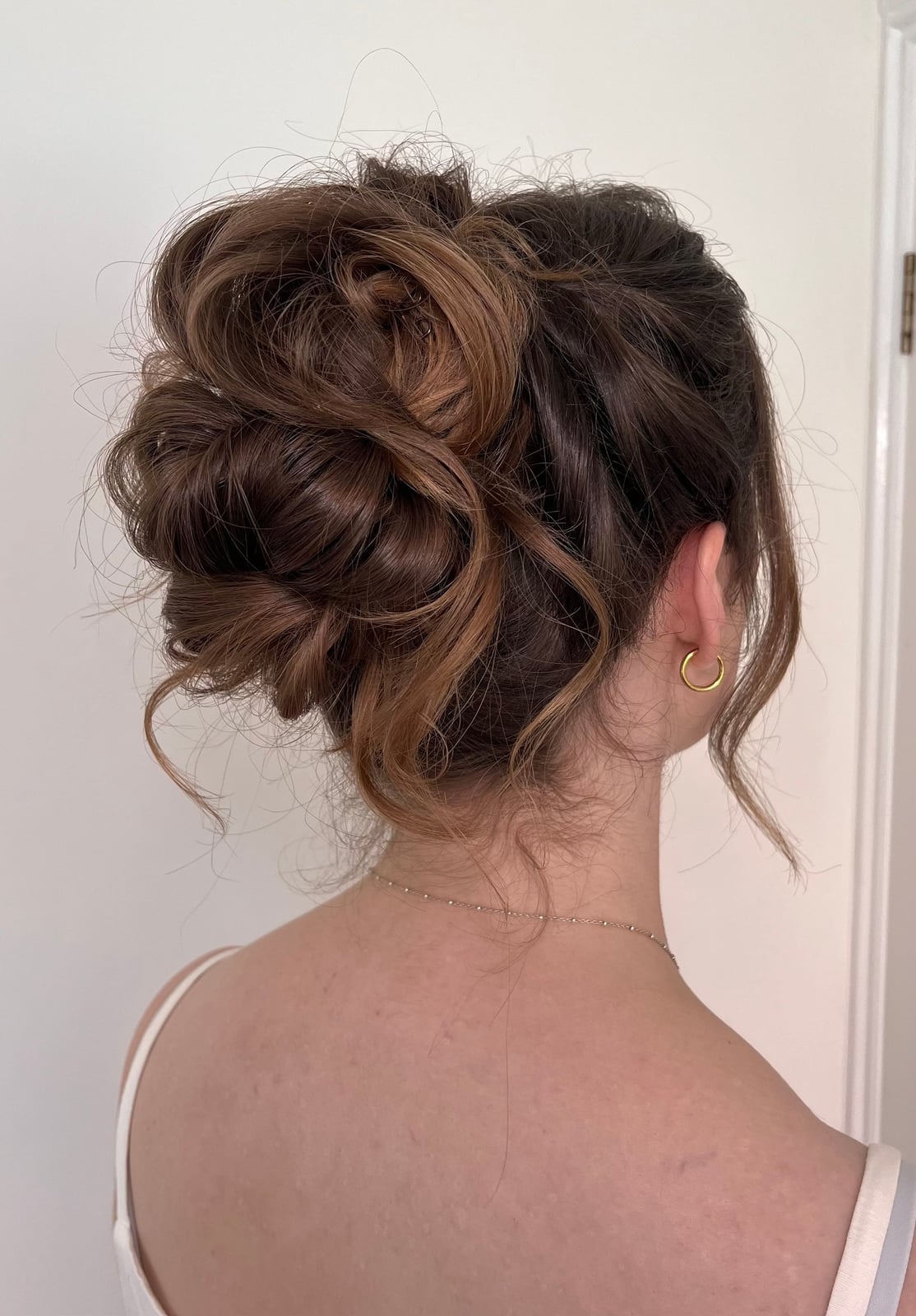 Messy Dark Brown Updo Bun, Mid-Back — Classy High Bun Hairstyles