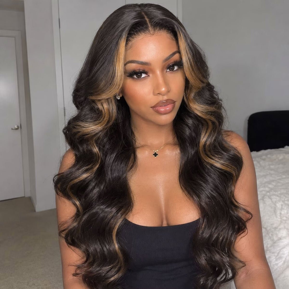 Black Wig With Bold Blonde Face Framing Highlights — Classy Highlights Wig