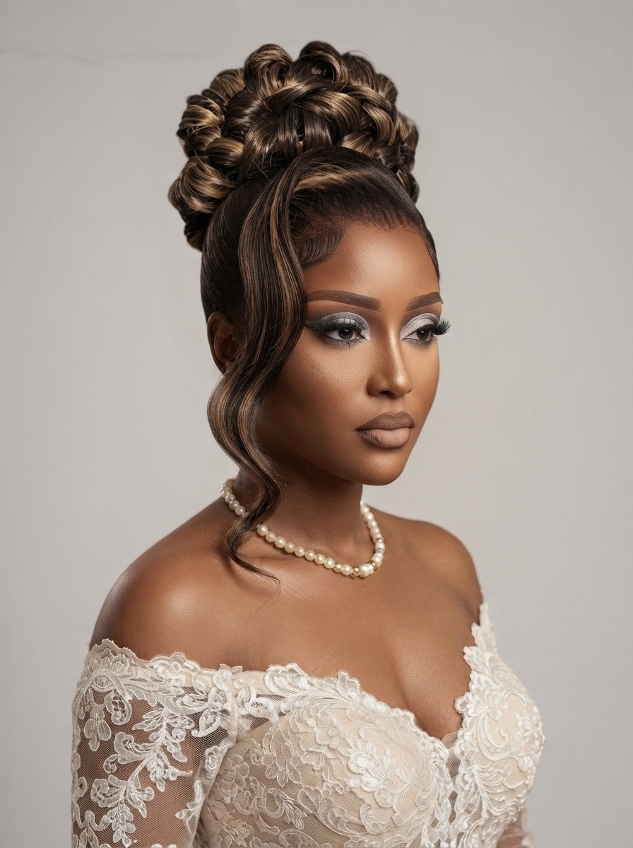 Dark Brown Wig Braided Updo With Blonde Highlights — Classy Highlights Wig