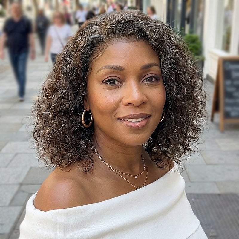 Chin Length Salt and Pepper Curly Bob — Classy Highlights Wig