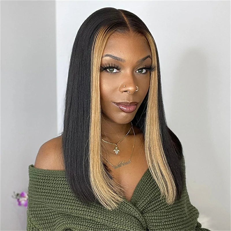 Black Bob With Bold Blonde Face Framing, Straight And Fine — Classy Highlights Wig