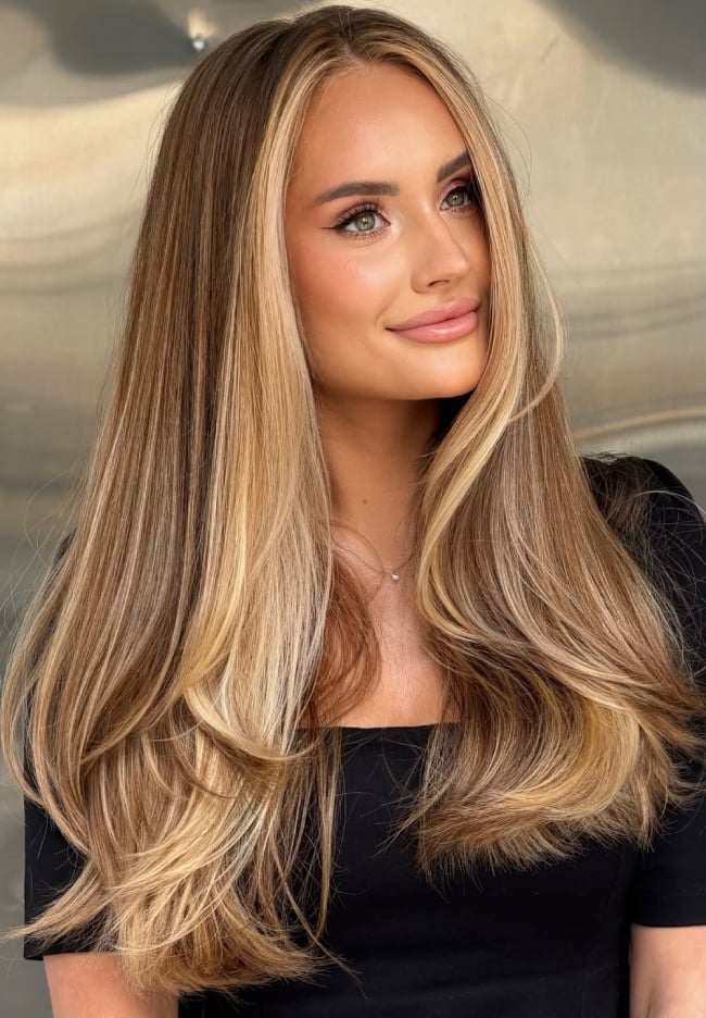 Mid-Back Straight Hair With Bright Highlights — Classy Honey Blonde Balayage