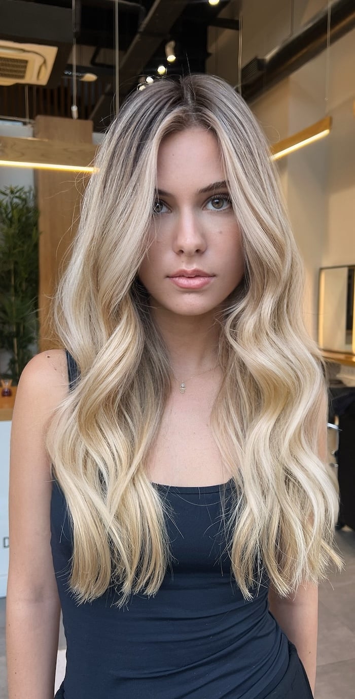 Mid-Back Honey Balayage With Curtain Bangs, Close-Up Take — Classy Honey Blonde Balayage
