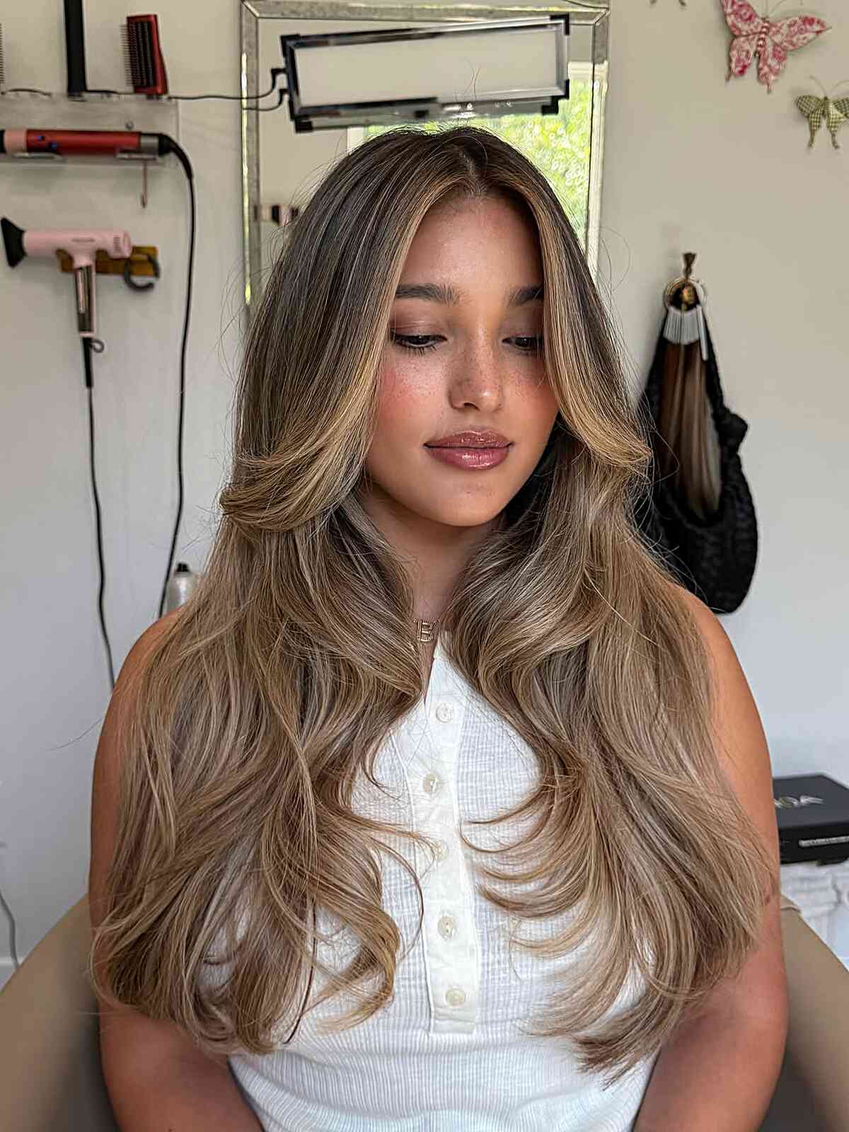 Long Honey Blonde Balayage With Curtain Bangs — Classy Honey Blonde Balayage