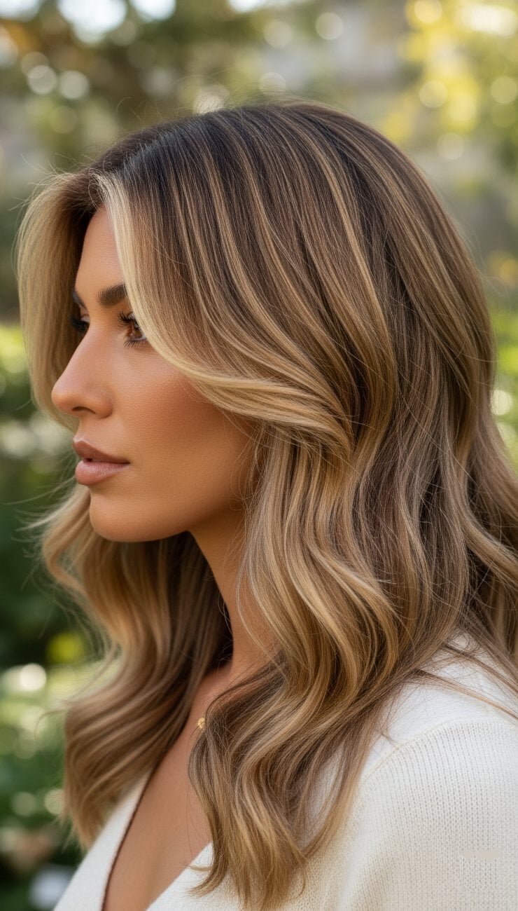Mid-Back Lived-In Balayage With Curtain Bangs — Classy Honey Blonde Balayage