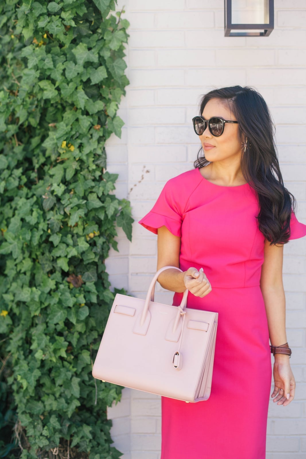 Hot Pink Midi Shirt Dress with Ruffle Sleeves — Classy Hot Pink Dress
