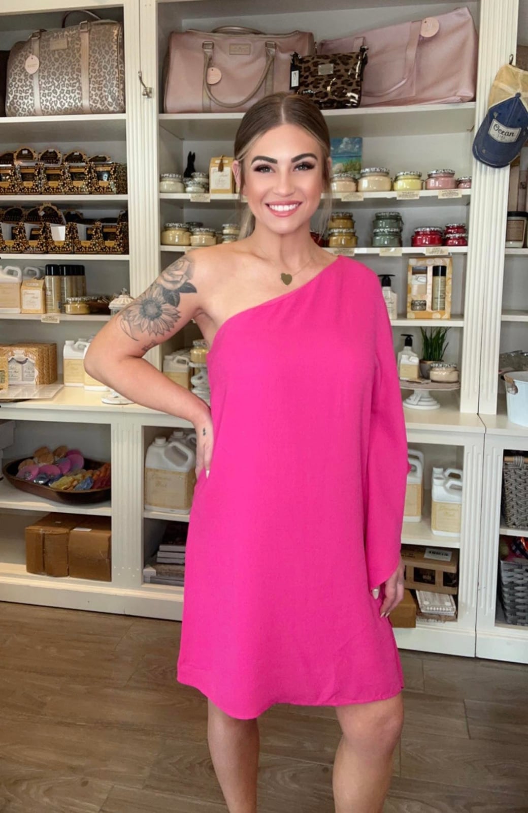 Hot Pink Textured One-Shoulder Mini Dress — Classy Hot Pink Dress