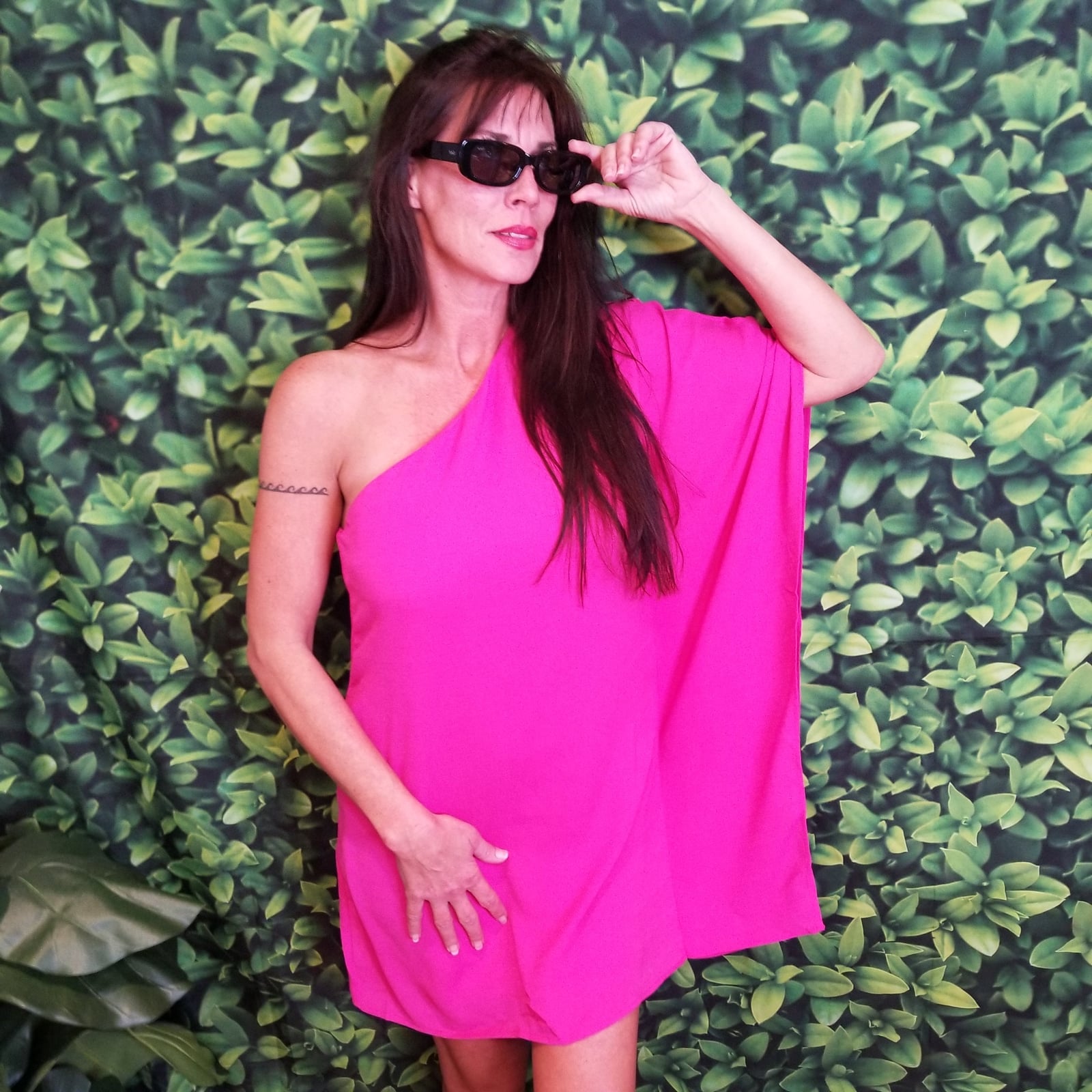 Hot Pink Draped One-Shoulder Mini Dress, Jersey — Classy Hot Pink Dress