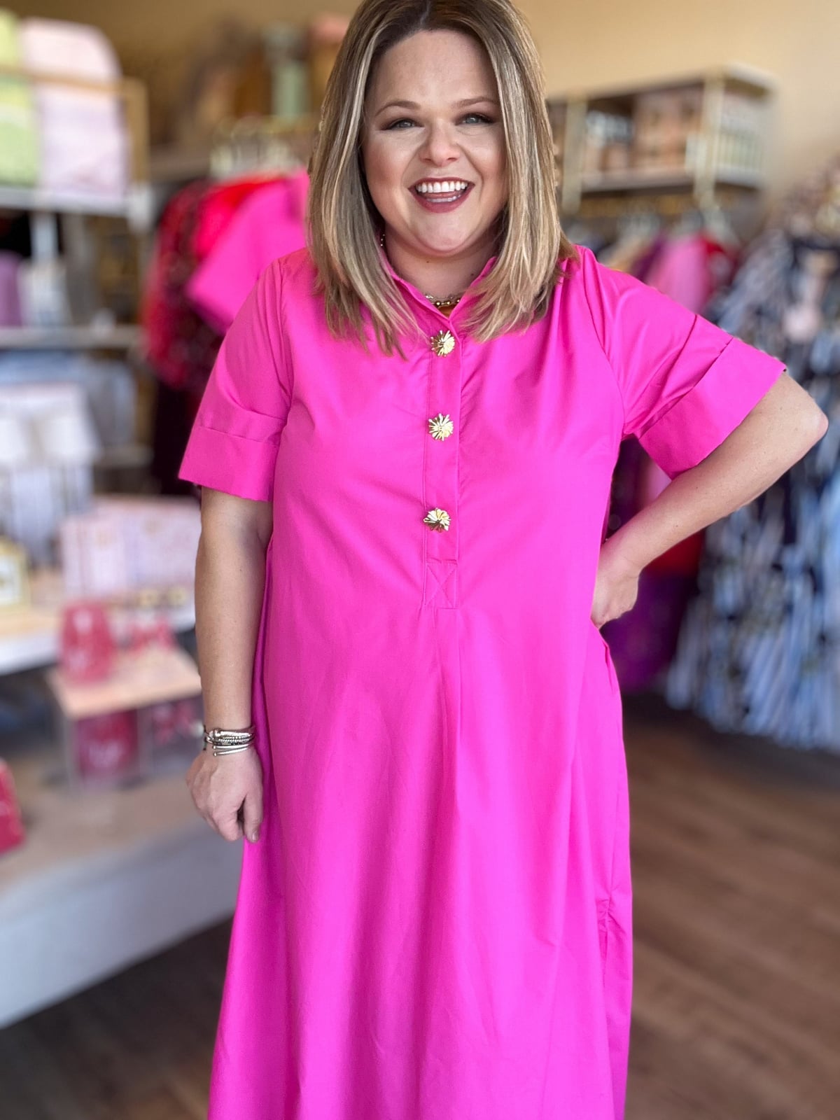 Hot Pink Midi Shirt Dress with Decorative Buttons — Classy Hot Pink Dress
