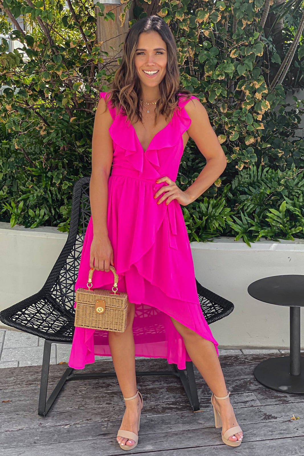 Hot Pink Ruffled High-Low A-Line Dress — Classy Hot Pink Dress