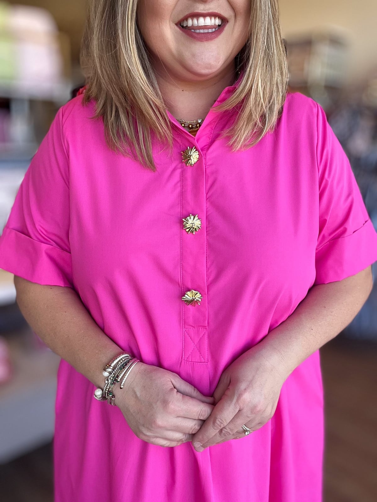 Hot Pink Collared Midi Dress with Gold Buttons, Cotton Poplin — Classy Hot Pink Dress