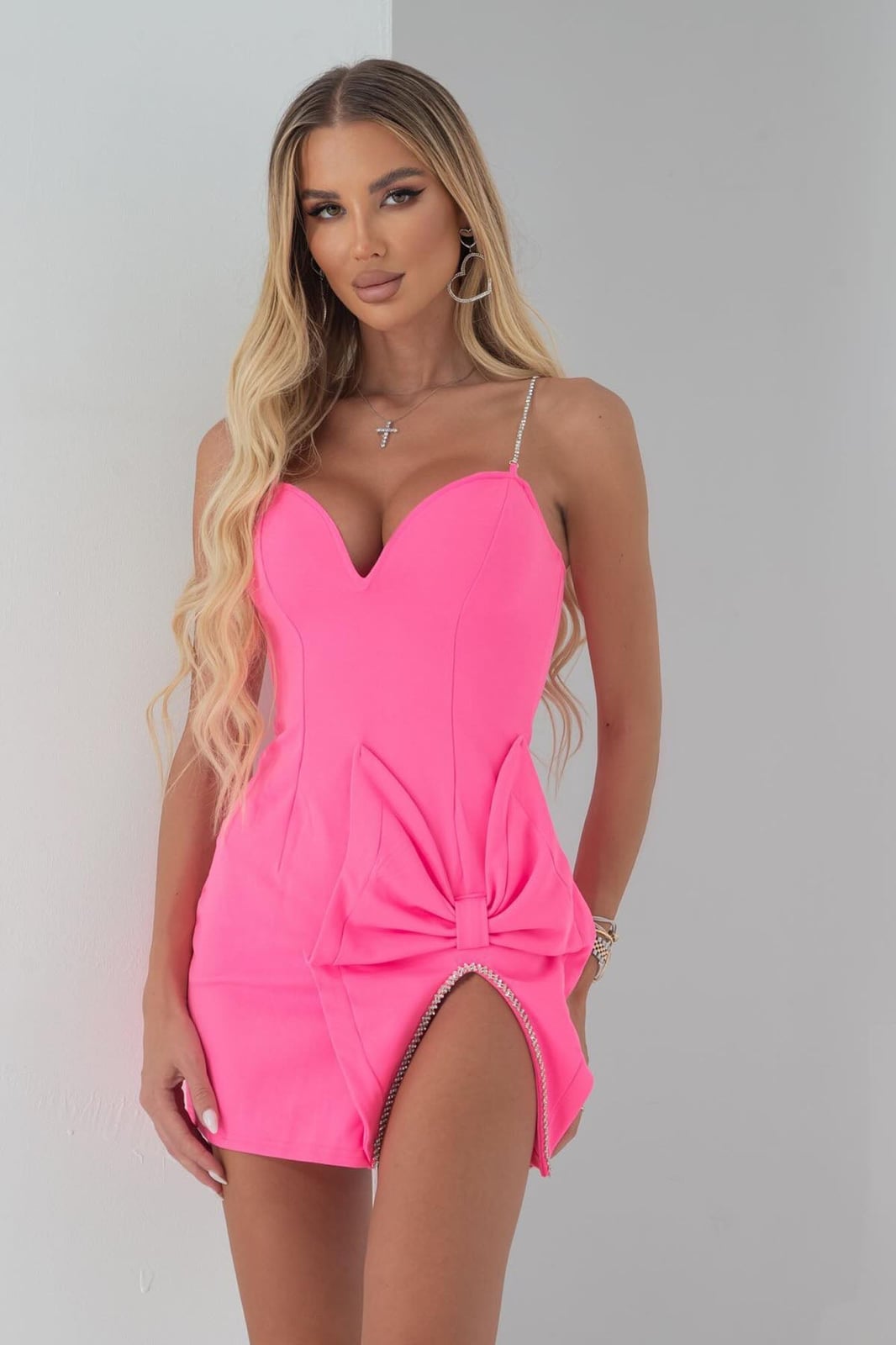 Hot Pink Mini Dress with Bow and Rhinestone Trim, Strappy Heels — Classy Hot Pink Dress