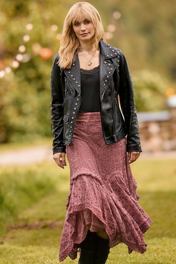 Studded Leather Jacket with Lace Skirt Studded Leather Jacket with Lace Skirt — Classy Indie Outfits