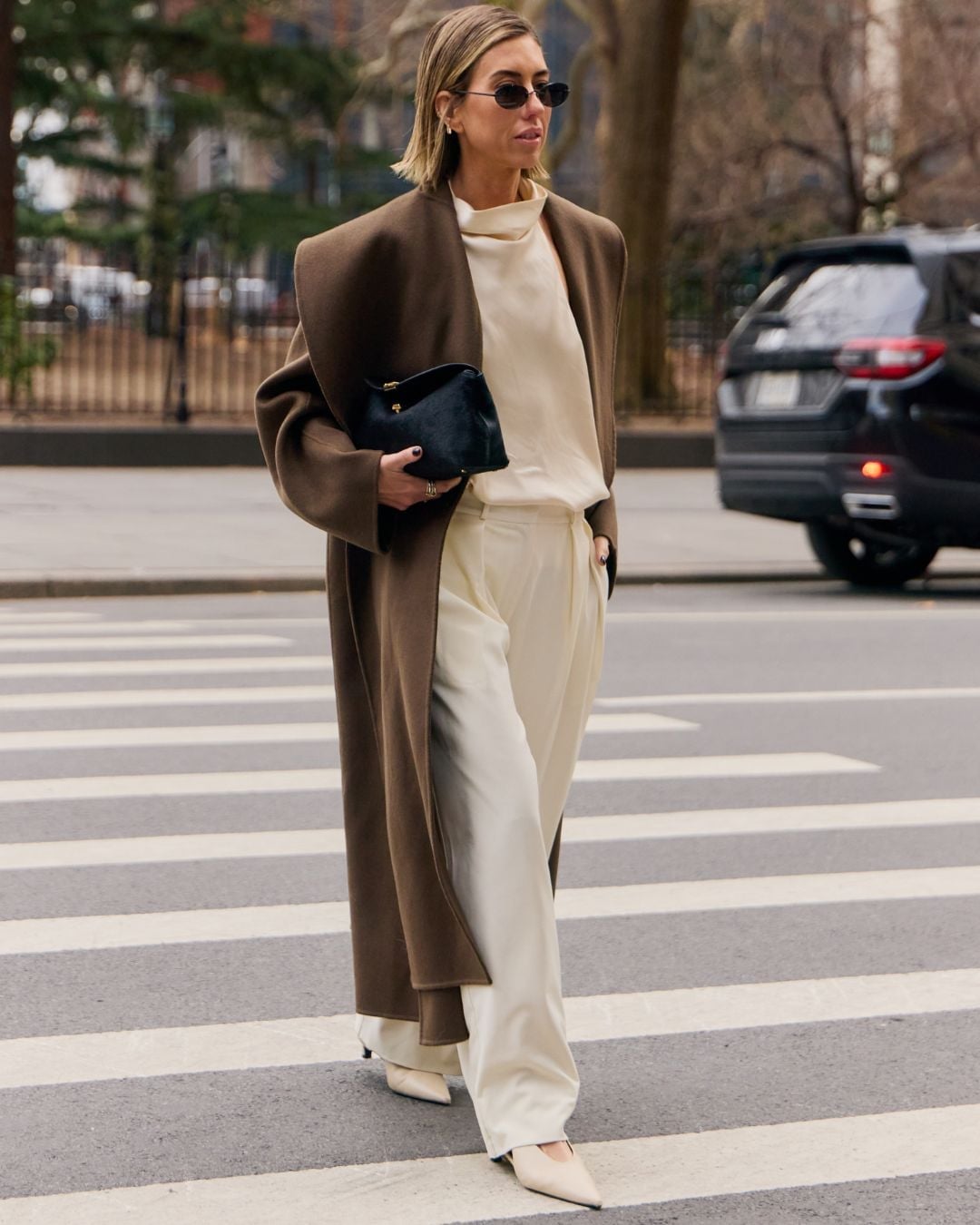 Long Wool Coat and Silk Top Combination Long Wool Coat and Silk Top Combination — Classy Indie Outfits