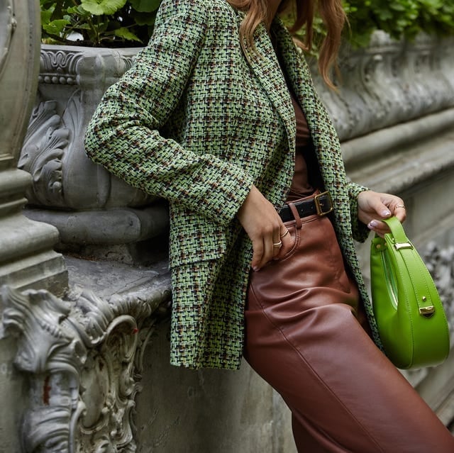 Green tweed jacket with brown leather-look trousers — Classy Jacket Outfits